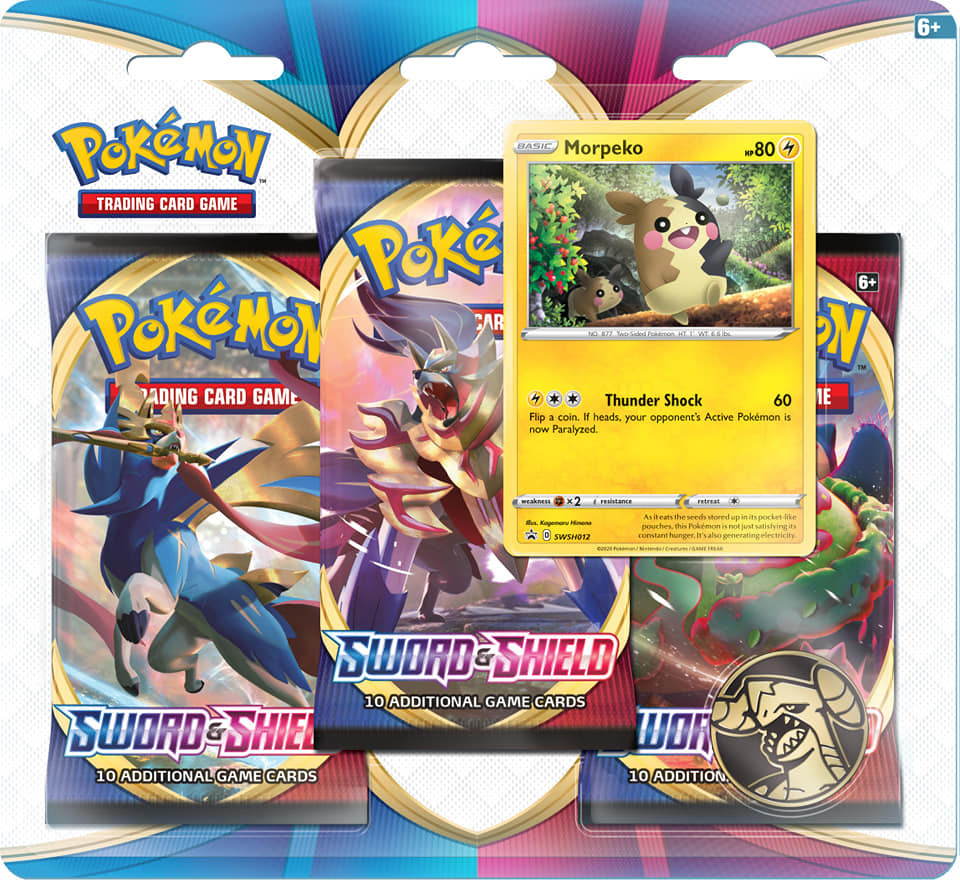 POKEMON TCG Sword and Shield Three Booster Blister ft. Morpeko