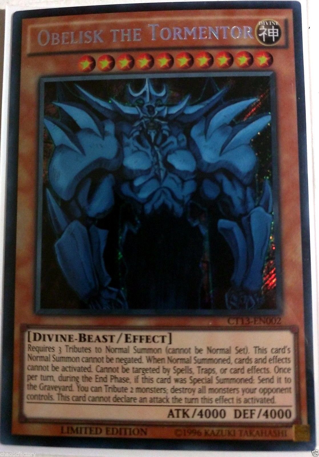 Yugioh Obelisk The Tormentor Ct13 En002 Secret Rare Egyptian God Card Limited Nm