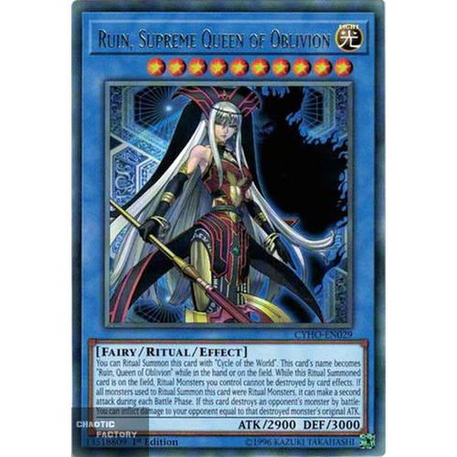 Yugioh - CYHO-EN029 - Ruin, Supreme Queen of Oblivion Rare 1st Edition NM