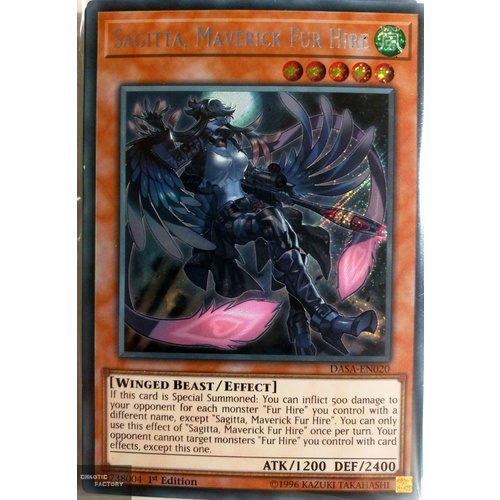 Yugioh DASA-EN020 Sagitta, Maverick Fur Hire Secret Rare 1st Edition