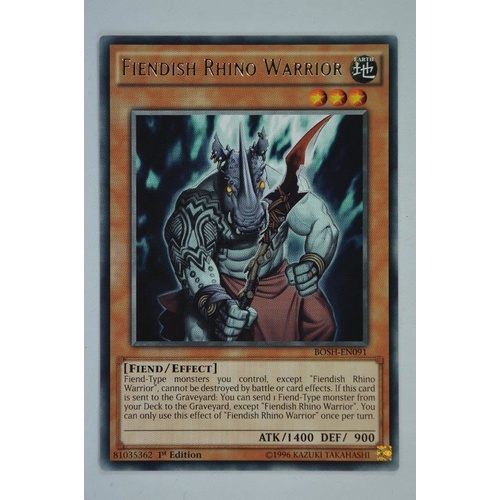 YU-GI-OH!  BOSH-EN091 Fiendish Rhino Warrior  Rare 1st edition Mint!